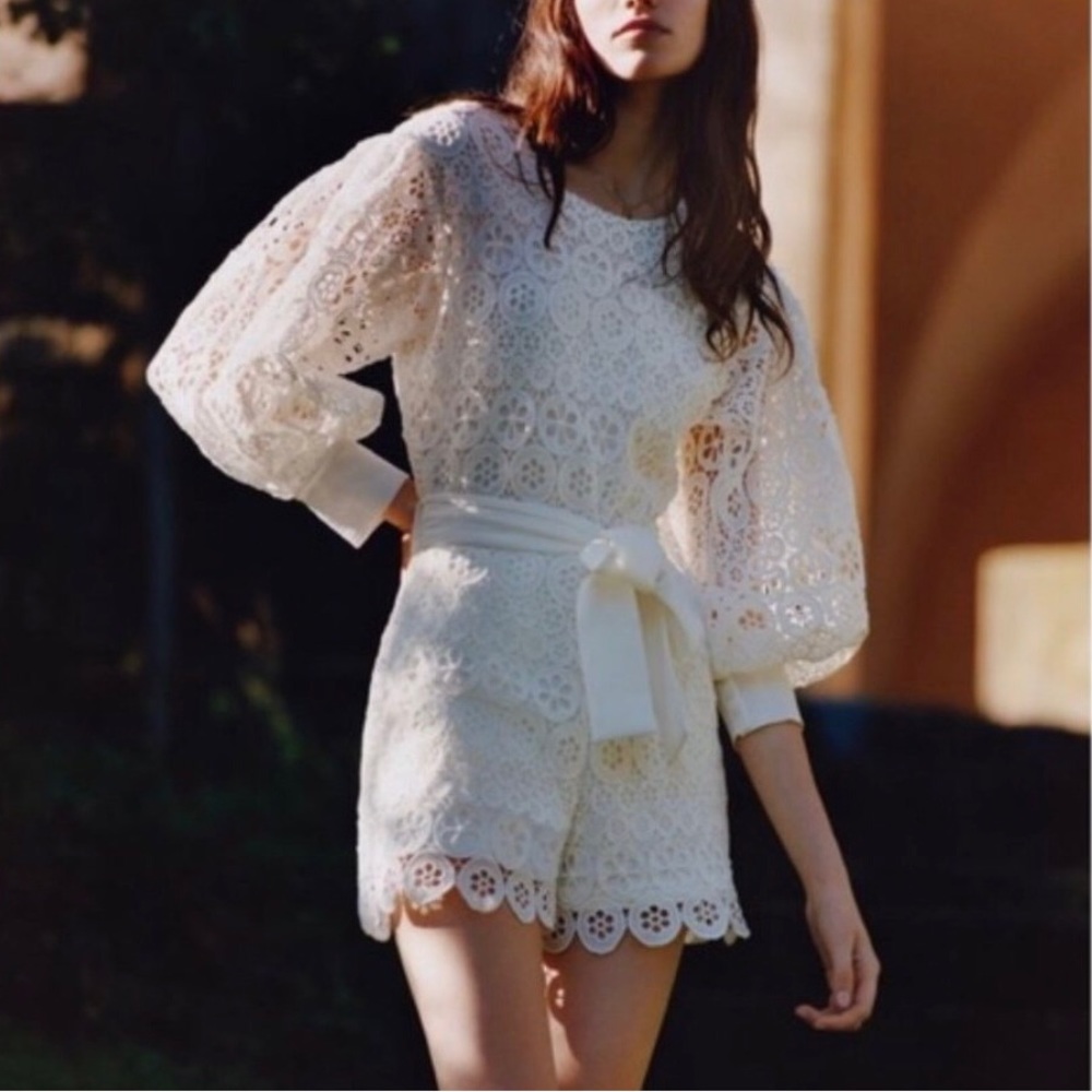 MAJE Ingrid Guipure Lace Belted Long Sleeves Romper in White Size 40/8 US